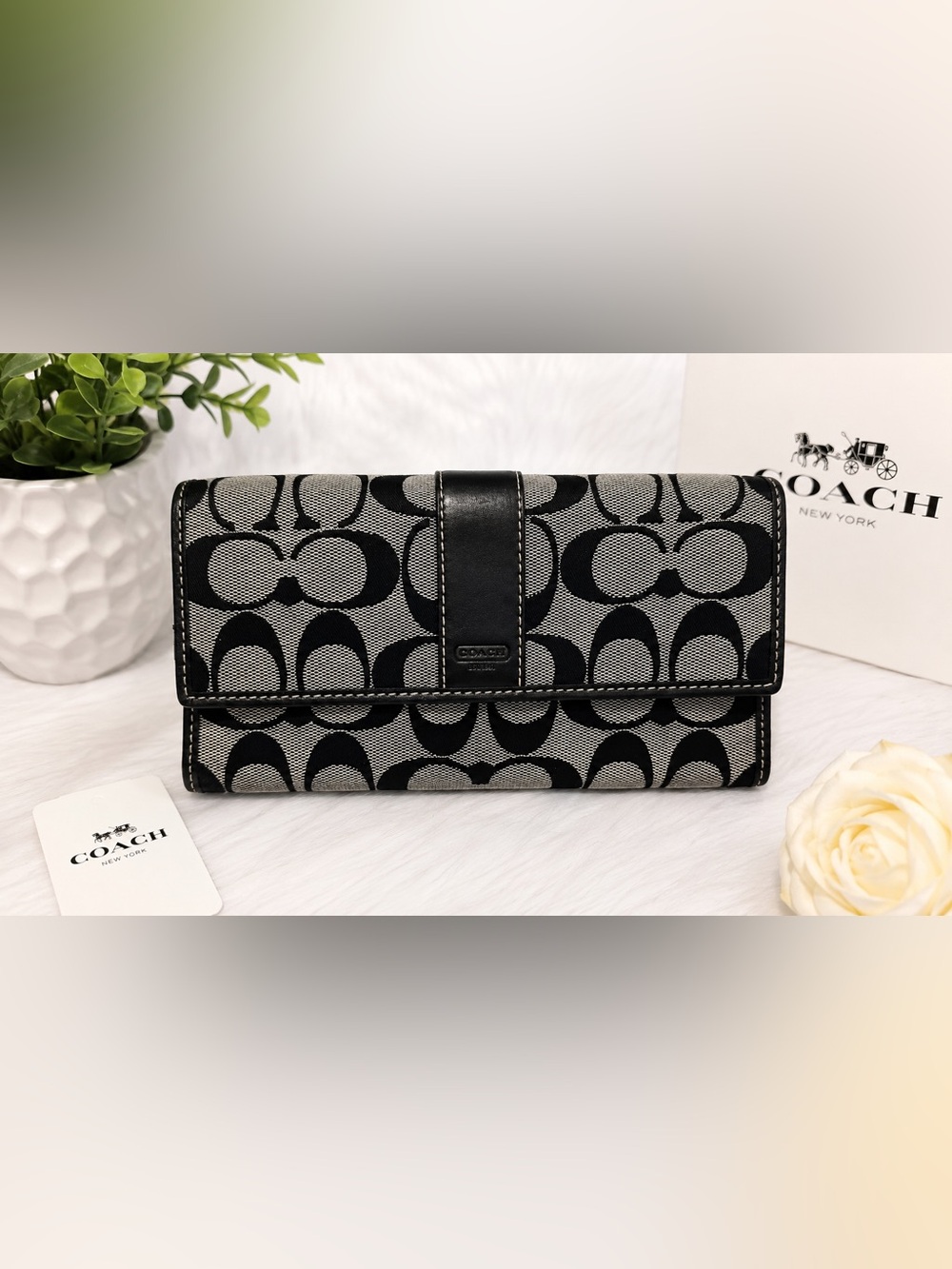 Vintage Coach Gray and Black Signature Trifold Wallet